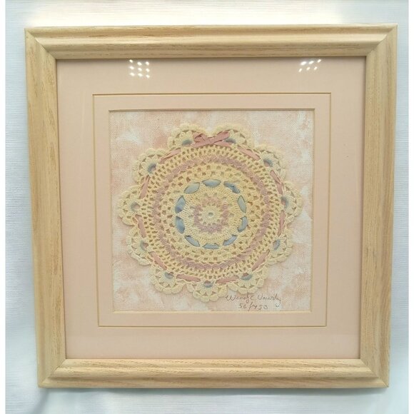 VTG Framed Handmade Doily, Signed Wendy Vawdrey, Numbered Wall Hanging Farmhouse - Picture 1 of 6